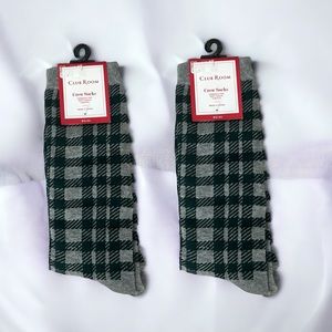X2 Club Room Grey/Green Plaid Crew Socks, Soft Touch Stretch One Size New w/Tag